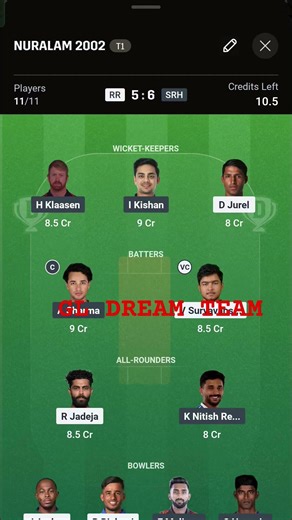 SRH VS RR DREAM TEAM #drem11 #cricket #ipl #ipl2026 #srh #rr #ipl2025 #ipl2025 #dreamscreenai