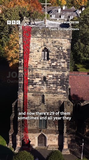 Volunteers have knitted 10,000 poppies for a display cascading down a church tower in Droitwich to mark Remembrance Day. 😍 Read more about the display: https://www.bbc.co.uk/news/articles/cze60wepy11o #droitwich #worcestershire #knitting | BBC Hereford & Worcester