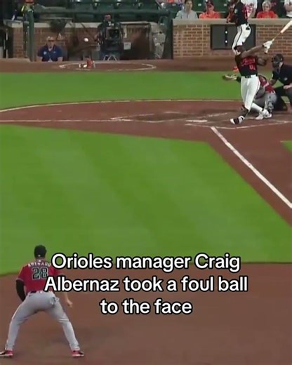 Orioles manager Craig Albernaz was hit in the face by a foul ball