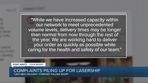 Hundreds of complaints are piling up about “last-mile delivery” company LaserShip. The Better Business Bureau has received more than 770 complaints about the company in the last three years. Alicia Smith #DontWasteYourMoney MORE: https://bit.ly/2KjFJpO | WXYZ-TV Channel 7