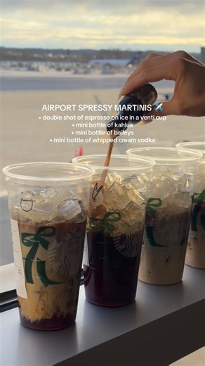 Heather Kirk on Instagram: "Airport Espresso Martinis ✈️ you’re going to want to save this one for later. Yes, you can bring mini bottles in your carry on no problem. You can’t drink your own alcohol on an airplane, but you can drink your own cup of coffee 😉 Do what you will with that information. Video by the content queen @erinniedz."