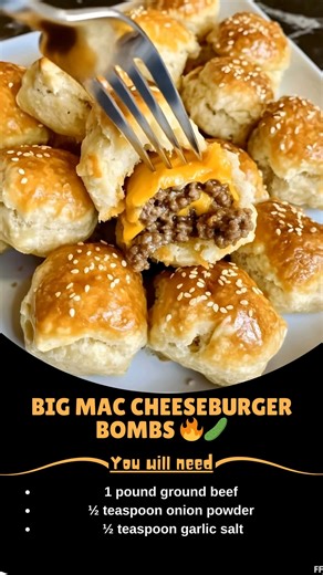 Big 💋 Mac Cheeseburger Bombs 🔥🥒 Melty cheese, seasoned beef, and pickles sealed inside golden rolls—like a Big Mac in every bite! 📝 Ingredients (Makes 24 bombs): 1 pound ground beef ½ teaspoon onion powder ½ teaspoon garlic salt ..... Full Recipe in Coʍmеոτ 💬 🐮 | Mommy Needs A Recipe