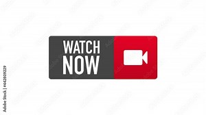 Watch now banner in flat style on white background. Play video. Web media. Online translation. Motion graphics.