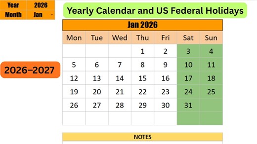 2026–2027 Yearly Calendar and US Federal Holidays | Excel, Google Sheets | Planner Insert - Etsy