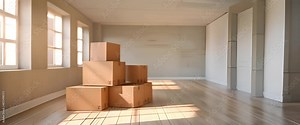 cardboard box stack in an empty room after moving into a new flat