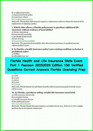 Florida Health and Life Insurance State Exam Part 1 Pearson 20252026 Edition 150 Verified Questions