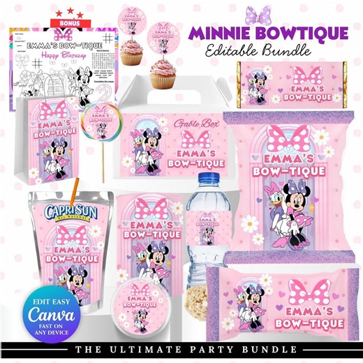 Minnie Mouse Bowtique | Mickey Mouse Clubhouse | Minni Bow Tique Birthday Bundle| Minnie Daisy Bowtique | Editable Minnie Party Favors Bonus - Etsy