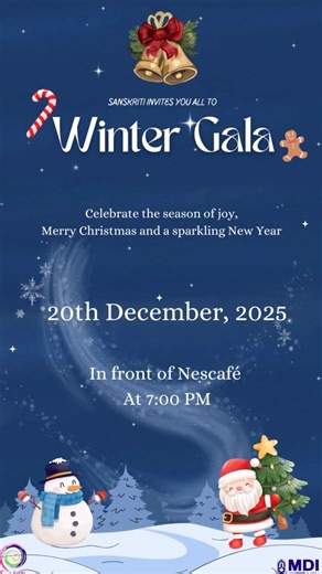 MDI Sanskriti on Instagram: "We’ll stop teasing now 😌 Winter plans are officially locked in ☃️ 🗓 20th December 2025 | Saturday Clear your schedule, pick your outfit 💃 The countdown begins ✨ #WinterGala #Christmas #Christmas2025 #MDIGurgaon #MDISanskriti #CulComm #TeamSanskriti #Celebrations #DateReveal"