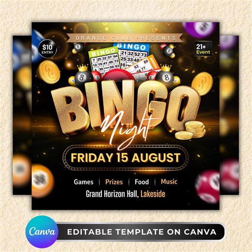 Bingo Night Flyer, Editable Canva Template, Casino Party Flyer, Club Event Flyer, Game Night Adult Party Flyer, Church Bingo Fundraiser - Etsy