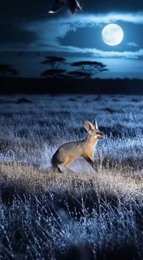 Bat-eared Fox vs Springhare on the a cold, moonlit savanna with silvered grass