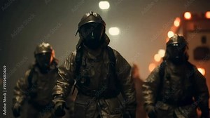 A group of firefighters in heavy suits, gas masks and protective gear moving through a dimly lit area