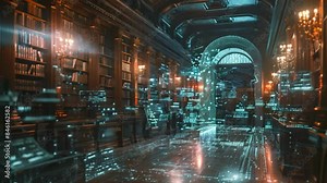 A futuristic law classroom with holographic projections of virtual courtrooms, set in a grand, classical library.