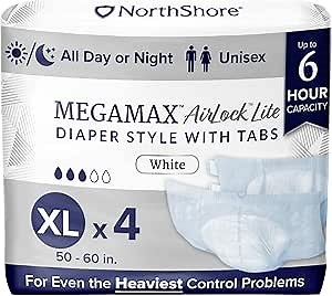 NorthShore MegaMax AirLock Lite Breathable 6-Hour Tab-Style Adult Diapers, X-Large, Starter Pack of 4, White, 50-60 inches, Unisex Incontinence Underwear