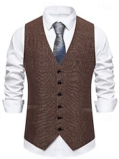 Men's Tweed Vest Waistcoat Formal Wedding Vacation Daily Vintage Fashion Spring Fall Pocket Buttons Polyester Comfortable Herringbone Single Breasted V Neck Lapel Slim Fit Brown Light Grey Dark Gray 2025