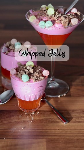 Whipped Jelly A retro jelly treat that my Nana used to make for special occasions. Ingredients •\t2 sachets sugar free jelly •\t200ml hot water •\t150ml cold water •\t1 tin sweetened condensed milk Method Combine the sugar free jelly with hot water until the crystals are dissolved. Add in the cold water and stir. Put the jelly mixture into a cold spot for about 20-30 minutes so that it starts to thicken slightly. Using an electric whisk, rapidly whisk the condensed milk and jelly mixture togethe