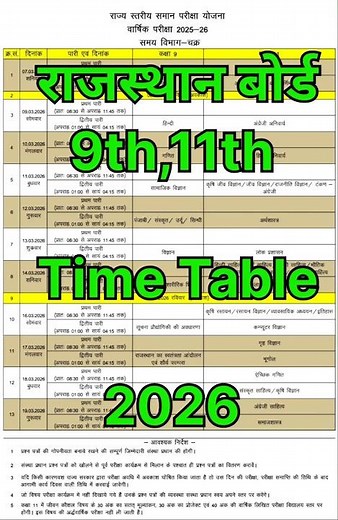 Rajasthan 9th , 11th Time Table 2026 , Rbse Exam 2026 Class 9th , 11th Time Table Download 2026