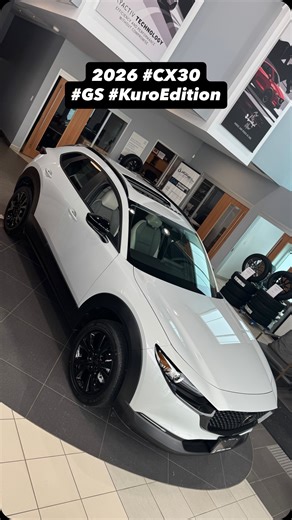 Latest addition to our showroom, the 2026 Mazda CX30 GS Kuro Edition. Key highlights include: • Gloss Black exterior accents (Wheels, logos, side mirror caps, roof rails) • White leatherette seats w/ Gray cloth inserts • Ceramic Metallic Exterior Come see it in person today! #JerryPfeilMazda #Mazda #CX30 #OwenSound | Jerry Pfeil Mazda