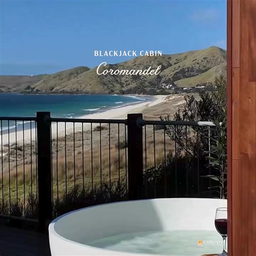 Blackjack Cabin Has Arrived 🏝️ Perched on a hillside above the sand dunes and native bush, Blackjack Cabin opens out to sweeping ocean views of Otama Beach. Golden light floods the cosy lounge, kitchen, and bathroom below, while upstairs a super king-size bed overlooks the ever-changing seascape. Step outside to soak in the circular stone bath built for two, rinse off under the outdoor shower, and finish your evening by the smokeless campfire with a glass of wine 🔥🍷 Just minutes from the beac