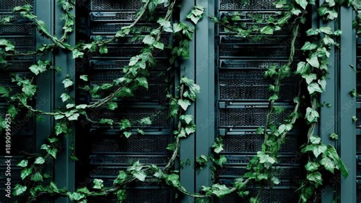 Futuristic green computing with holographic screens concept. Server racks intertwined with ivy, symbolizing eco-friendly technology.