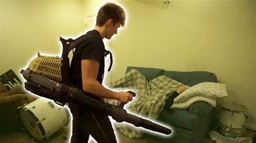 Epic leaf blower wake up prank shocks sleeping roommate