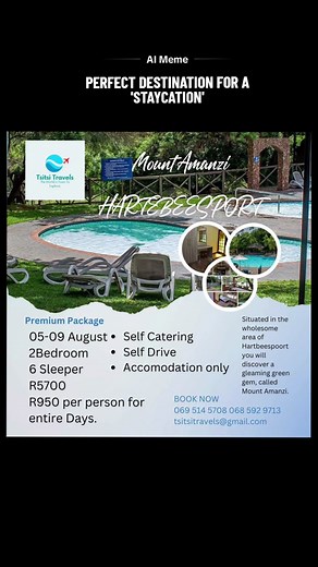 Mount Amanzi Hartebeesport Situated in the wholesome area of Hartbeespoort you will discover a gleaming green gem, called Mount Amanzi. self catering self drive Accomodation only price for entire Stay 05-09 August 2 Bedroom 6 Sleeper R5700 more info 069 514 5708 068 592 9713 tsitsitravels@gmail.com #voting #saelections2024 #SAMA28 #tourismsa #vacationmode #vacationchallenge #fyp #fypage #gyp #travelwisemzansi #viraltiktok #trendingsa #northwest