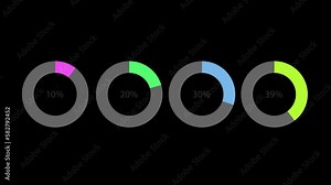 Four radial circular chart with different percentages. Diagram elements isolated on black background. Business infographic concept. Growing charts. 60 fps 3D animation.