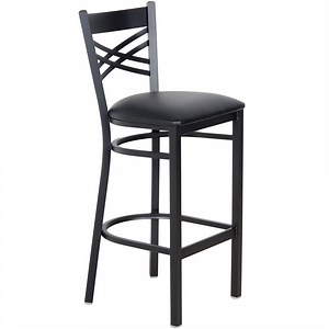 Lancaster Table & Seating Black Finish Cross Back Bar Stool with 2 1/2" Black Vinyl Padded Seat - Detached Seat
