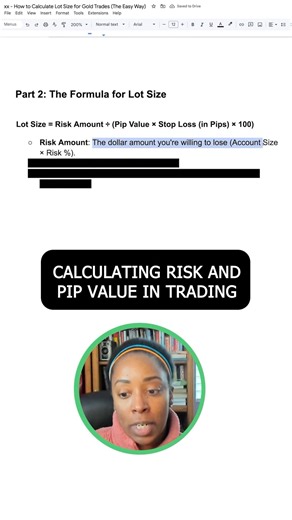 Do you know how to calculate your risk and pip value? Most traders skip this step, and it’s the reason they blow accounts. Before you ever enter a trade, you need to know how much you’re risking. That’s what your lot size formula tells you: Risk Amount ÷ (Pip Value × Stop Loss × 100). For gold, 1 lot = $0.10 per pip. So if you’re risking $100 with a 50-pip stop loss, that instantly tells you your position size. This isn’t just math, it’s structure. Want to learn how to calculate this for your ow
