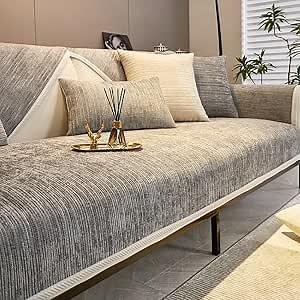 Fun Fuzzy Couch Covers for Sofa,Simple Striped Chenille Anti-Scratch Couch Cover,Chenille Sofa Covers Washable for Sectional Sofa,Light gray-28"x70"