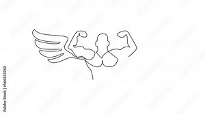 Self drawing animation of single line draw bodybuilder with wings, fitness, bodybuilding. Fitness gym logo design template weightlifting. Sport fitness club. Continuous line draw. Full length animated