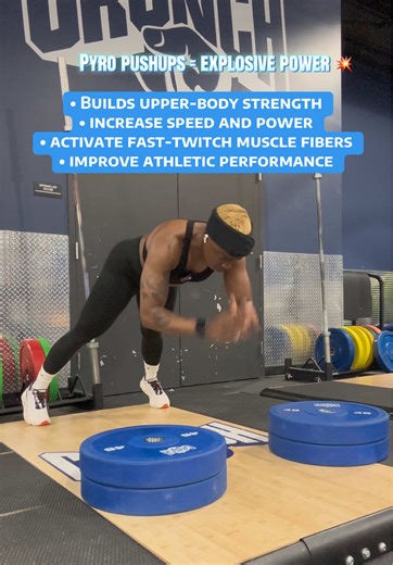 First time doing these and I learned the benefits. Pyro pushups = explosive power. 💥 They build upper-body strength, increase speed and power, activate fast-twitch muscle fibers, and improve athletic performance. Strength explosion = next-level results. #fitness #Motivation #gym #workout
