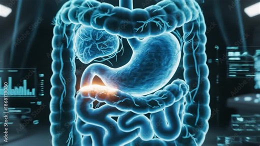 Medical illustration and glowing medical scan of human digestive system showing stomach, small intestine, large intestine, colon and duodenum with highlighted inflammation and ulceration