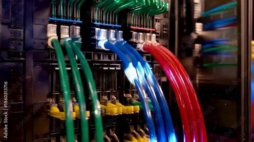 High Density Network Cables Connected Inside Modern Server Facility With Color Coded Wiring, Active Equipment, and Data Infrastructure