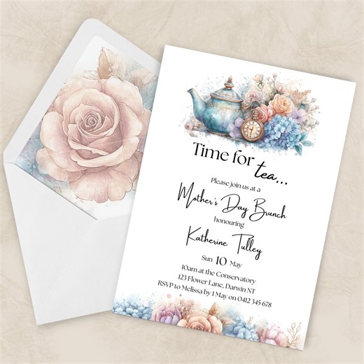 Time for Tea Mother’s Day Invitation Template, Vintage Teapot Brunch Invite, Floral Garden Party, Editable Printable Download - Etsy UK