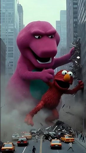 Giant Barney vs giant Elmo | FIGHT destroys NYC #shortsfeed #trending #shorts