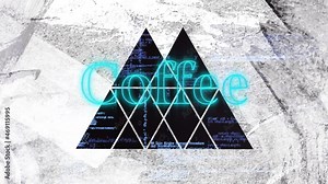 Animation of coffee text in blue and triangle cut outs in dirty white paper, over processing data