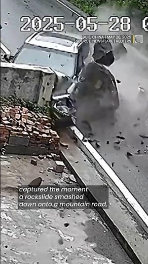 Sudden rockslide knocks car off a mountain road and over cliff