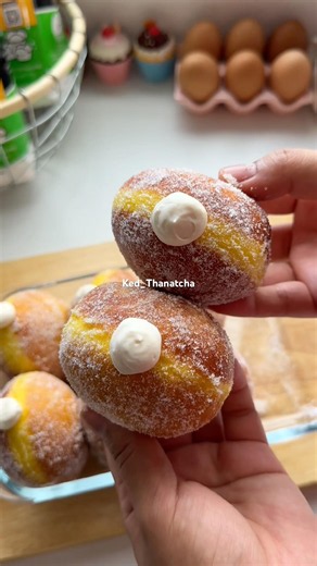 Japanese-style donuts with fresh milk custard filling: soft, chewy dough and creamy filling make ...