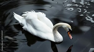 3d animation of a white swan swimming through dark water with foam