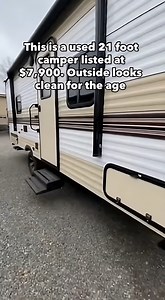 21-foot camper priced at $7,900 The exterior is clean for a used unit, and the interior feels open and practical. Inside, you’ll see a comfortable bed, overhead storage cabinets, a compact kitchen area, and a dinette that still works well for daily use. #usedcamper #campertour #under10k | Used Campers For Sale Near Me