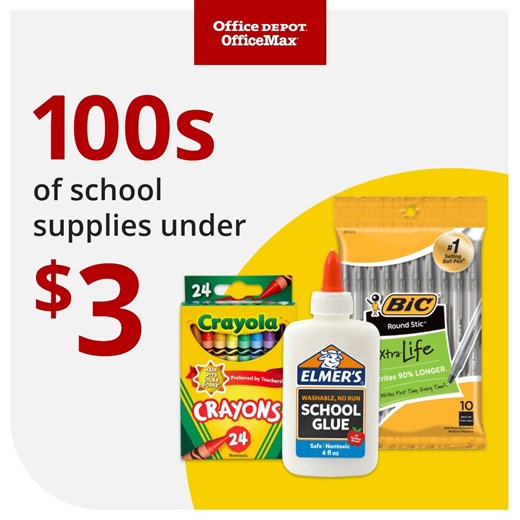 Check off your entire school list without breaking your budget! Now choose from 100s of school supplies under $3 – starting at just 20 cents! https://bit.ly/3YyNKLS | Office Depot