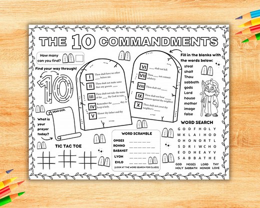 Ten Commandments Activity Placemat, Bible Craft Coloring Page, the 10 Commandments Game Sheet for Kids, Sunday School Bible Lesson Printable - Etsy