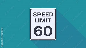 Appearance of a rectangular black and white 60 mph speed limit road sign from the USA on a blue background with long shadow in flat design style