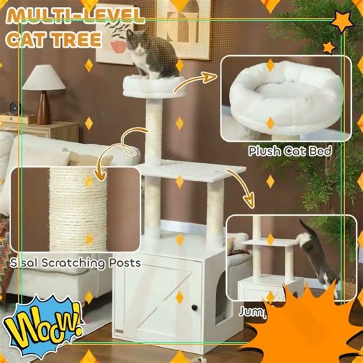 Cat Tree with Litter Box Enclosure - Multi-Level Tower