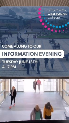 We are hosting an Information Evening!  Come along on Tuesday, June 13, where you can speak to lecturers and staff about what’s to come on your course, and more. Doors will be open from 4pm until 7pm- see you there!  #WestLothianCollege #ChooseCollege #WhereYouCan #collegelife #studentlife #campuslife #informationday #informationevening #education #educationforall #westlothian #livingston #reels #reelsinstagram | West Lothian College (Official) | Facebook
