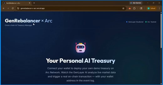 How do you let AI manage on-chain funds securely and autonomously? 🧠⛓I just built GenRebalancer: a cross-chain AI treasury bridge.🧠 @GenLayer Intelligent Contracts act as the brain -fetching live web API data and reaching validator consensus. ⚡ @arc acts as the execution layer securing an isolated escrow contract that only acts when the AI cryptographically signs a decision.Watch the full end-to-end workflow below! 👇Live app 🔗 -