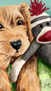 Jen Street, Designed Toothless the Tesla on Instagram: "Good morning! If you saw my previous post about @alfreddoodleperry, you may find this timelapse kinda neat. Overall, the painting took about two hours to create. I used a combination of brushes by @retrosupply and @kyle.t.webster in #AdobeFresco. The actual finished size is 8”x10”. Enjoy! @mollyhurwitz @mattyperry4 @animalbrandon @adobedrawing #alfreddoodle #alfreddoodleperry #dogsofinstagram #puppiesofinstagram #sockmonkeys #sockmonkey #pu