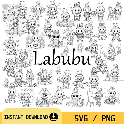 Coloriages Labubu Bunny – Monstre kawaii, SVG PNG (téléchargement numérique) - Etsy France