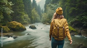 A woman explores new, magical, and fantastic places around the world, surrounded by nature and spreading her arms to breathe and relax. Female hiker crossing the forest creek