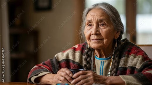 Elderly Native American Woman in Traditional Attire Reflecting on Heritage and Culture